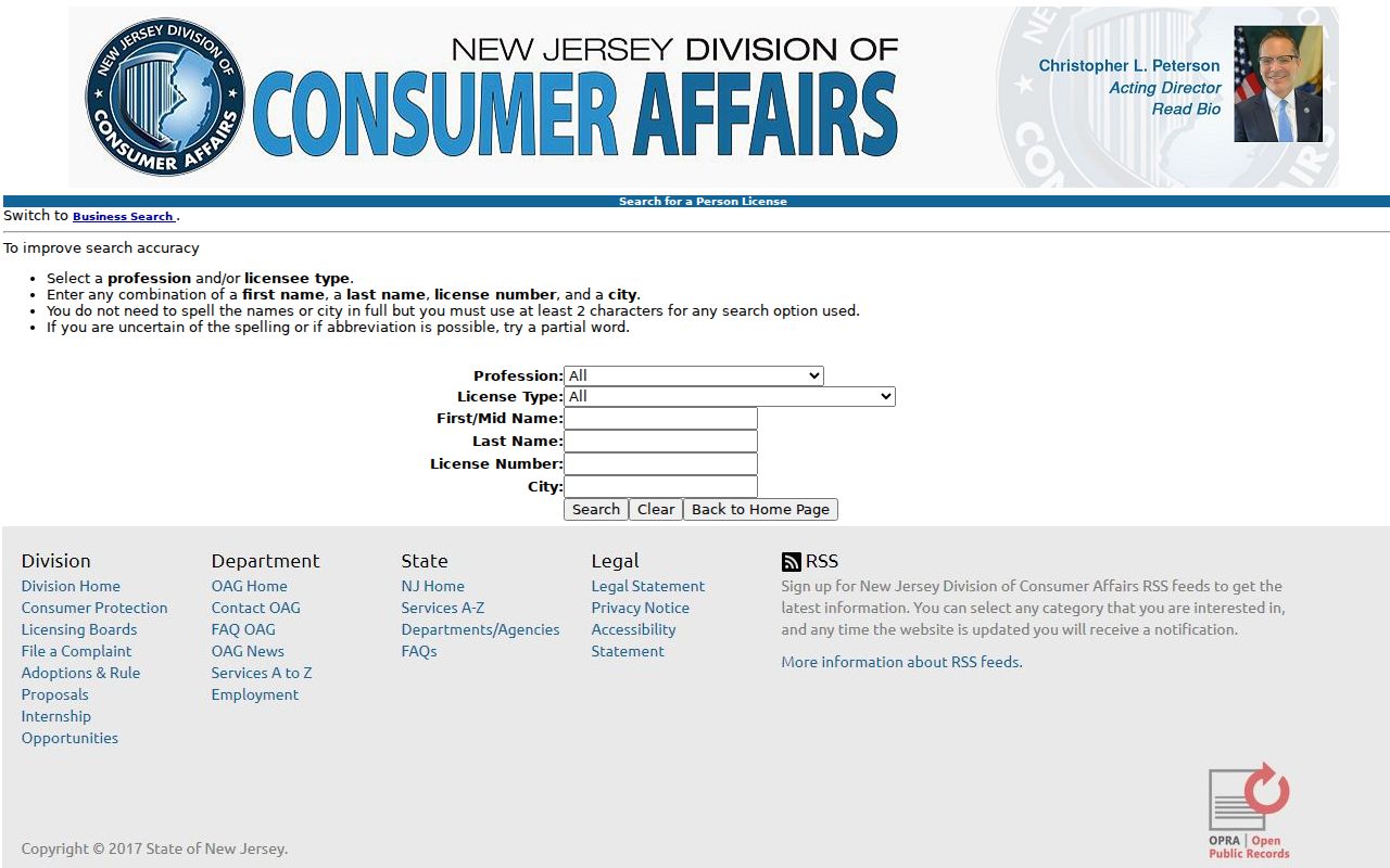 Galloway resident lookup professional license search fields